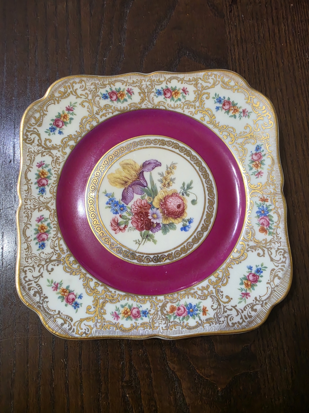 Vintege Decorative Floral Porcelain Plate in Fuchsia and Gold